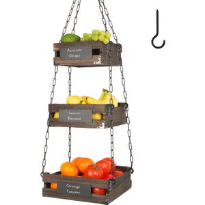 J JACKCUBE DESIGN 3-Tier Rustic Wood Hanging Fruit Basket, Kitchen Fruit, Vegetable Storage Organizer, Countertop Space Saver- Heavy Duty Metal Hooks- MK1008A