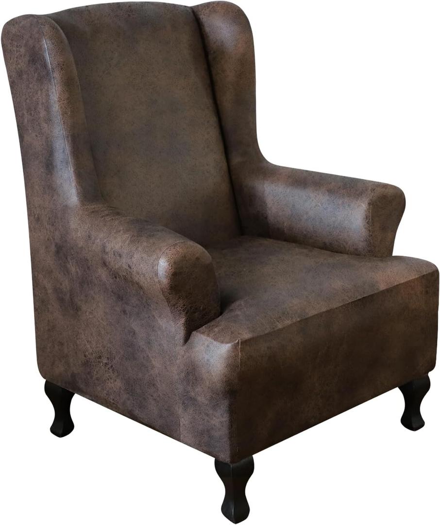 Leather Look Wingback Chair Cover 1 Piece Stretch Wing Chair Slipcovers Sofa Wingback Armchair Covers Furniture Protector with Elastic Bottom for Living Room Soft Spandex Fabric, Brown