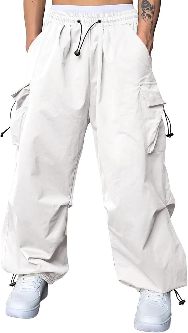 JMIERR Men's Baggy Cargo Pants Trendy Casual Parachute Pant Loose Fit Harem Joggers with Pockets for Streetwear (White), size 32