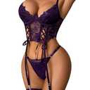 Avidlove Lingerie for Women Sexy Garter Lingerie Set Bra and Panty Set Floral Lace Nightgown Deep Purple XX-Large