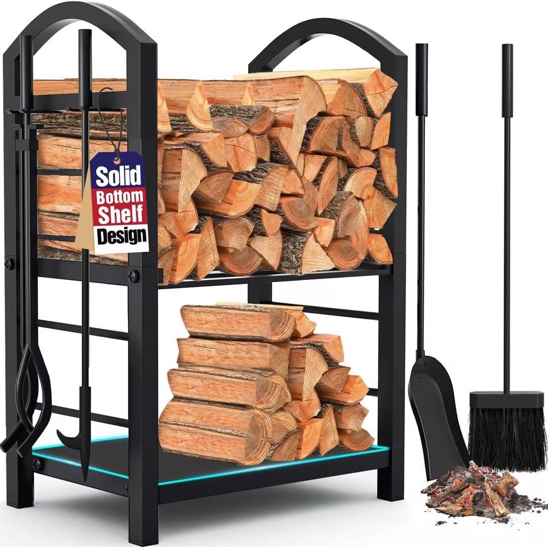 AMAGABELI GARDEN & HOME Firewood Rack Indoor with Tools 5-Piece Fireplace Tools Set Wood Holder Outdoor Wrought Iron Log Holder Firewood Storage Rack for Fireplace,Fire Pit,Wood Stove Black