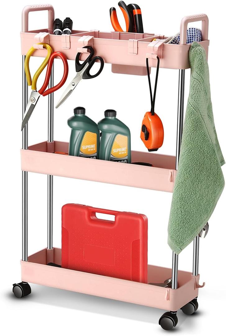 Auto Dynasty 3 Tier Slim Rolling Cart with Handle, Multifunction Utility Storage Rolling Cart, Movable Storage Organizer with Wheels for Office, Bathroom, Kitchen, Narrow Places (Pink)