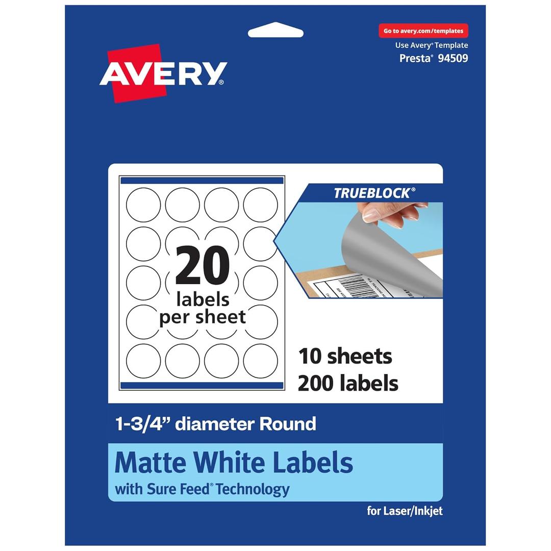 Avery TrueBlock Matte White Round Labels, Sure Feed Technology, 1.75" Diameter, 200 Matte White Labels, Print-to-The-Edge, Laser/Inkjet Printable, Great for Making Stickers or Product Merchandising