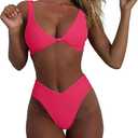 geluboao Bikini Set for Women Solid V Neck Knot Front Push Up High Leg Thong Two Piece Swimsuit (X-Large, Bright Pink)