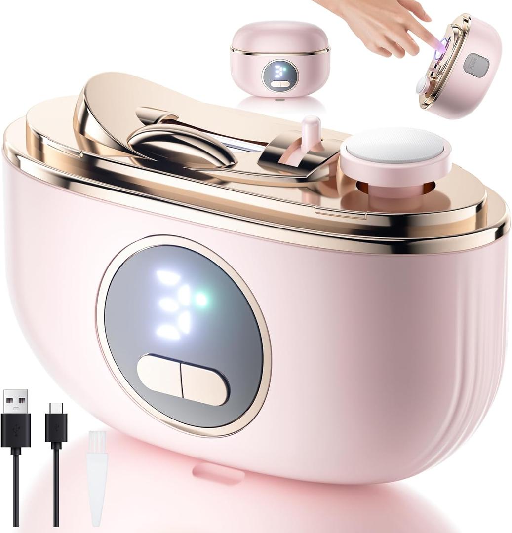 Electric Nail Clipper, 2 in1 Smart Toenail Clippers with Polishing for Fingers and Toes, Rechargeable Fingernail Trimmer with 3 Adjustable Speeds for Senior Adults Men Caregivers(LightPink)