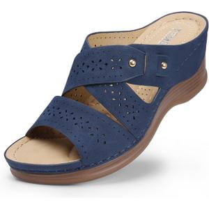 TEMOFON Wedge Sandals for Women Summer: Dressy Low Heel Sandals Black/Navy/White, Comfortable Walking, Arch support, Casual Slip on Summer Shoes, Size 8