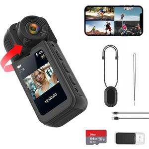 S70 2.7K Thumb Action Camera, 64GB Mini Body Camera, Wearable Pocket Cam with Magnetic Lanyard, Hands-Free POV Recording, Small Portable Camcorder for Work, Cycling, Travel, Pet Walking(Black)