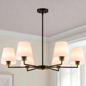 36" Oil-Rubbed Dining Room Light Fixture, No Assembly Required 6-Lights Kitchen Chandelier for Dining Room with White Fabric Shade, Chandelier Ceiling Light Fixture for Kitchen Bulb Not Included