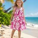 ZIW Girls Pinkish-Red Tropical Cosmos Flower Sundress Kids Hawaiian Costume with Luau Party Accessories Halloween Costumes (7-8 Years)