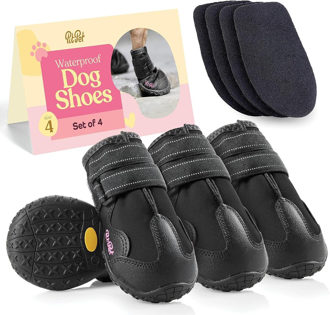 Waterproof Dog Shoes - Stylish Designed Shoes for Dogs - Dog Boots with Non-Slip Rubber Bottom Protects Paw from Hot or Cold Pavement, Dog Booties with Reflective Straps for Dogs Safety, Puppy Shoes. (Size 4: 2.17"Width 2.48"Length)