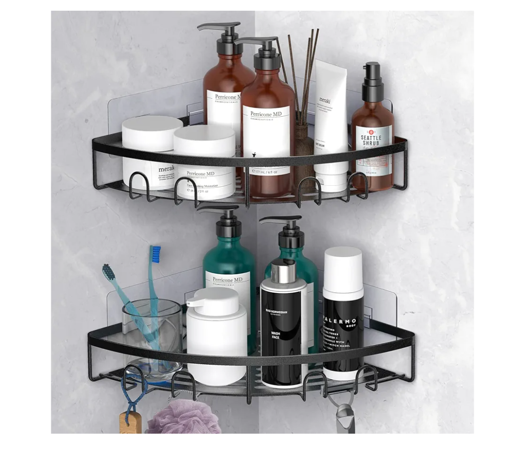 Corner Shower Caddy, 2 Pack Adhesive Bathroom Shower Corner Organizer Shelf, No Drilling Rustproof Wall Mounted Shower Storage Rack Shampoo Holder Organizer (Black)