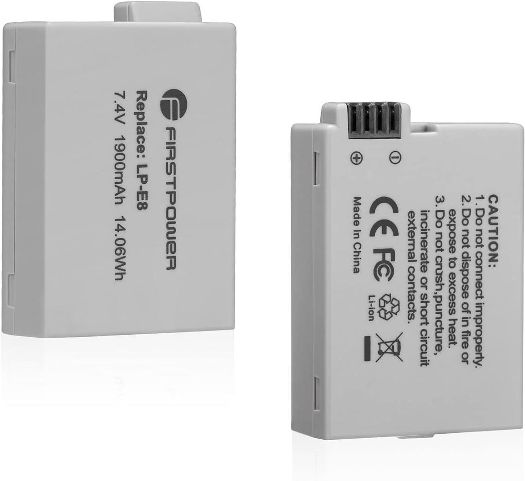 FirstPower 2 Pack LP-E8 Batteries Compatible with Canon EOS Rebel T5i, T4i, T3i, T2i, EOS 550D, 600D, 650D, 700D, Kiss X4, Kiss X5, Kiss X6, LC-E8E