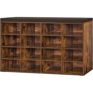 DINZI LVJ Shoe Storage Bench with Cushion, 16-Cubby Shoe Rack, Adjustable Shelves, Multifunctional Shoe Organizer Bench for Entryway, Mudroom, Hallway, Living Room, Bedroom and Garage, Rustic Brown
