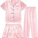 TinyChoice 3 Piece Silk Satin Pajama Set for Women Soft Short Sleeve Button Down Pjs with Shorts Long Pants Sleepwear Medium