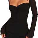 Zebaexf Women's Mesh Dress Long Puff Sleeve Mini Bodycon Sweet Neck Party Mini Dresses for Women XS