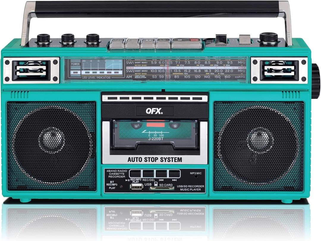 QFX J-220BTTQ Aqua Turquoise Boombox MP3 Conversion from Radio to Cassette with 4-Band (AM, FM, SW1, SW2) Radio with Bluetooth, Dual 3 Speakers, Built-in Microphone, Recorder, and a 3-Band Equalizer QFX J-220BTTQ Aqua Turquoise Boombox MP3 Conversion from Radio to Cassette with 4-Band (AM, FM, SW1, SW2) Radio with Bluetooth, Dual 3 Speakers, Built-in Microphone, Recorder, and a 3-Band Equalizer