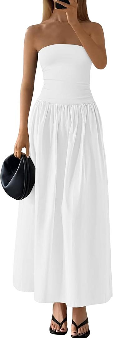 PRETTYGARDEN Women 2025 Summer Elegant Strapless Maxi Dress Tube Top Dress A Line Flowy Long Wedding Party Cocktail Dresses (Medium, White)