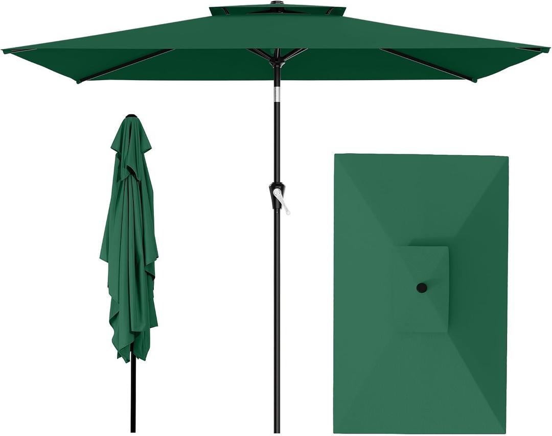 AreShark 6.5'x10' 2 Tiers Rectangular Patio Umbrella - Outdoor Umbrella Waterproof UV Protection, Market Table Umbrella w/Push Button Tilt for Pool, Lawn, Balcony(Dark Green)