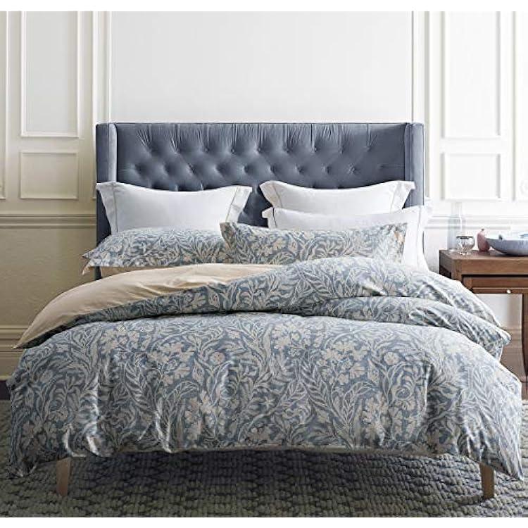 SLEEPBELLA Duvet Cover King Size, 600 Thread Count Cotton Beige & Bluish Grey Printed with Luxurious Leaves Pattern Reversible Botanical Comforter Cover Sets, Bedding Set 3Pcs (King, Beige Paisley)