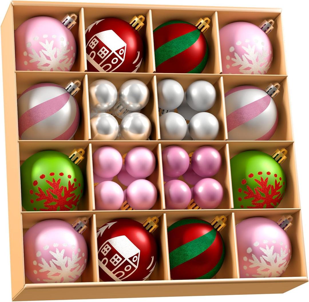 44Pcs Christmas Tree Balls Ornament Set, Multicolor Decorative Ball Plastic Shatterproof Christmas Tree Hanging Ball Ornaments for Holiday Christmas Party Home Decoration (Pink+Silver)