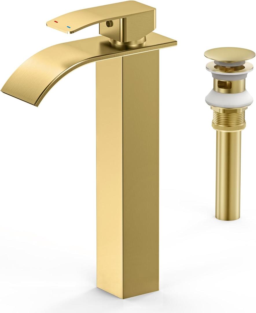 RUACQ Vessel Sink Faucet,Tall Waterfall Bathroom Faucets for 1 or 3 Hole,Single Handle with 304 Stainless Steel Lavatory Vanity Faucet with Deck,Pop-up Drain and Supply Hoses (Gold)