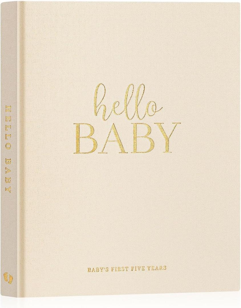 Lanpn Hello Baby First 5 Year Memory Book for Boy Girl - Linen Hardcover Baby Book Keepsake for New Parents - Newborn Baby Journal Scrapbook Photo Album Baby Milestone Book (Beige, 154 Pages)