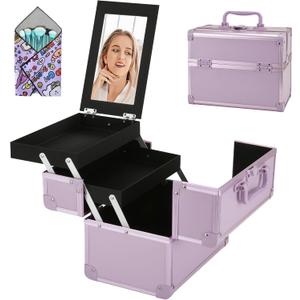 Makeup Train Case, Portable Makeup Case with Mirror, 2-Trays Cosmetic Organizer Case,Nail Polish Organizer, Travel Makeup Box, Profesional for Salon Barber, Purple