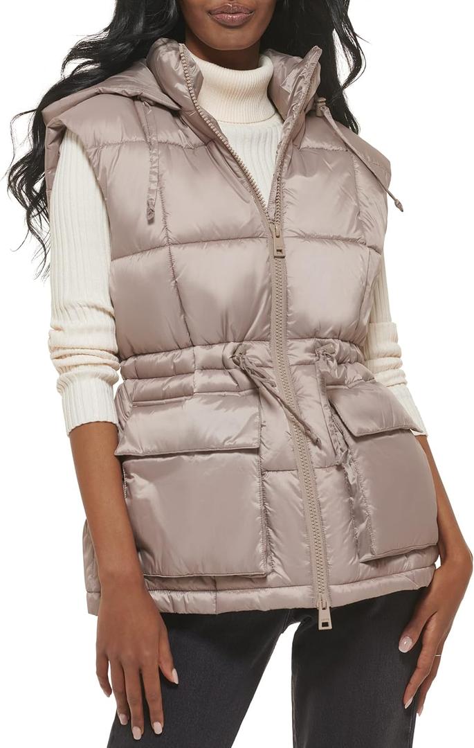 Levi's Women's Quilted Megan Hooded Puffer Jacket, Light Grey Vest, X-Small