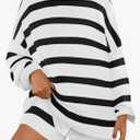 MEROKEETY Women's 2 Piece Sweater Lounge Sets Striped Long Sleeve Shorts Oversized Matching Outfits, Small