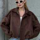 Kissonic Womens Faux Suede Bomber Jacket Oversized Batwing Long Sleeve Zip Up Cropped Coat Streetwear (Brown, Small)