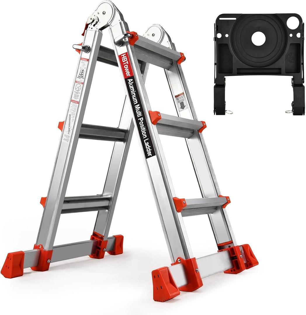HBTower A Frame 3 Step Extension Ladder, 11 Ft Multi Position Ladder with Removable Tool Tray and Stabilizer Bar, 330 lbs Capacity Telescoping La dder for Household and Outdoor Work (Orange, 11FT)