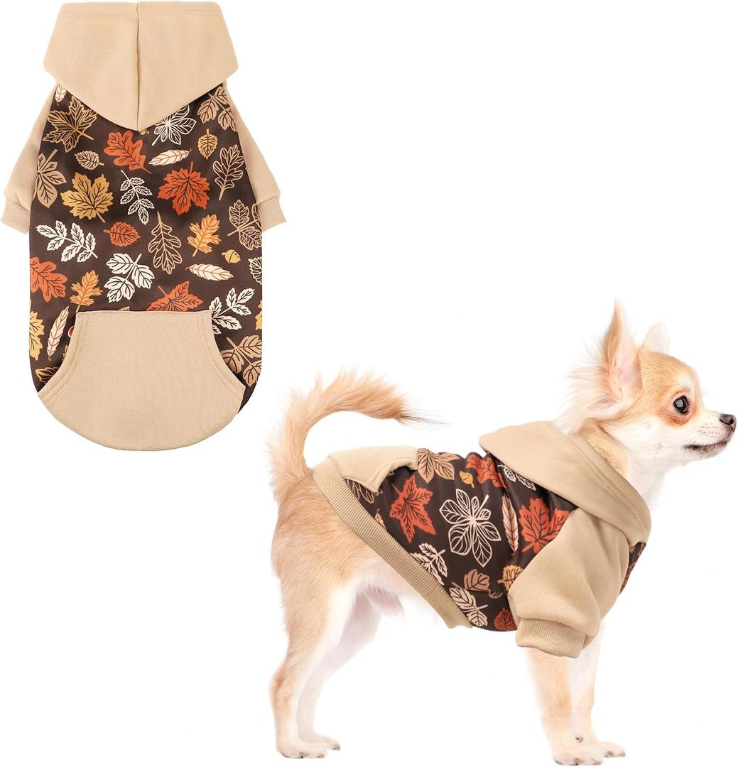 KOOLTAIL Fall Dog Hoodie with Autumn Maple Leaf Pattern for Small Dogs -Thanksgiving Pet Sweater Sweatshirt Warm Cold Weather Clothes with Leash Hole and Pocket for Puppy Male/Female S