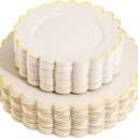 LIYH 60 Pcs Ivory and Gold Scalloped Plastic Plates - Disposable Fancy Combo Plates Includes 30 Dinner Plate 10.25" and 30 Dessert Plate 7.5" Plastic Heavy Weight Party Tableware Dishes, Beige and Gold Plates