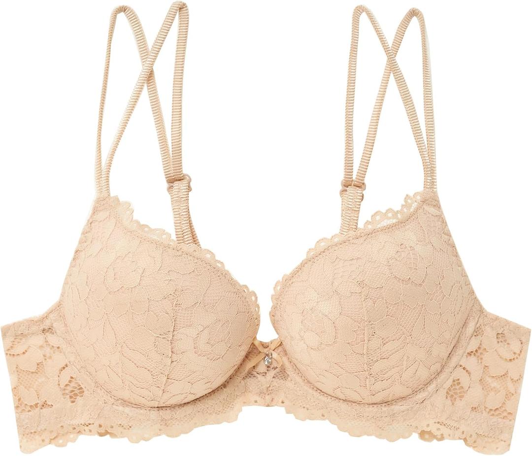 Women Lace Push Up Bras Add Two Cups Size Thick Padded Plunge Cleavage Underwire Bra (38D, Nude)
