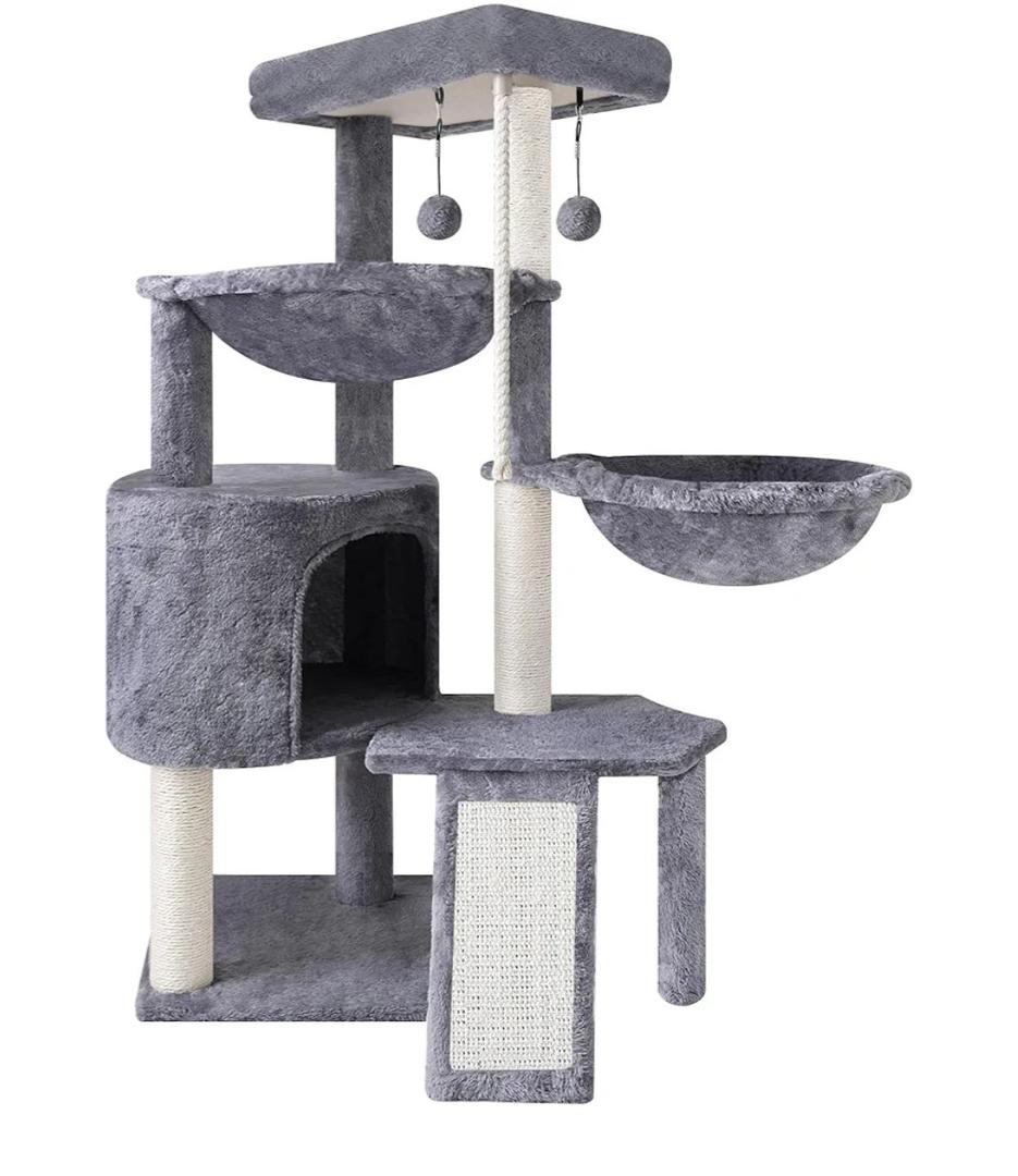 Xin Three Layer Cat Tree with Cat Condo and Two Hammocks,Grey