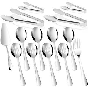 14PCS Serving Utensils - Hostess Serving Utensils Set, Premium Stainless Steel 8.7 inch Serving Utensils, Slotted Spoons, Fork, Tongs, Cake Pie Server for Buffet, Wedding, Dinner (Silver)