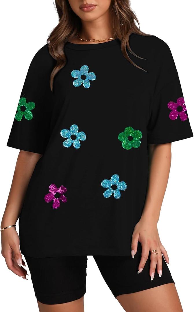 Hawaiian Shirt for Women Oversized Beach Glitter Patch Shirt Floral Sequin Print Tops Summer Beach Color Block Tee (Small, Black)