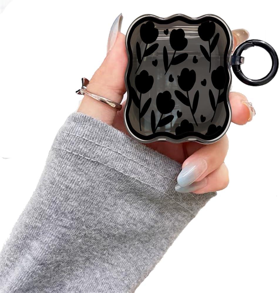 Compatible with Airpods Case Black Flower, Cute Case with Keychain for Women Girls Clear Thin Soft Silicone Kawaii Cartoon Protective Cover for AirPods 2&1