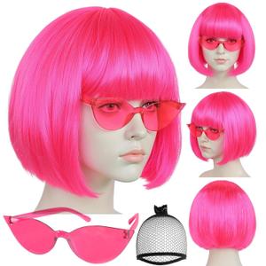 Short Hot Pink Bob Wig with Bangs 3Pcs Colorful Party Wigs Fun Funny Wigs for Women Neon Pink Bob Wig for Halloween Outfit Costume Party Pelucas De Mujer+Sunglasses+Hair Cap
