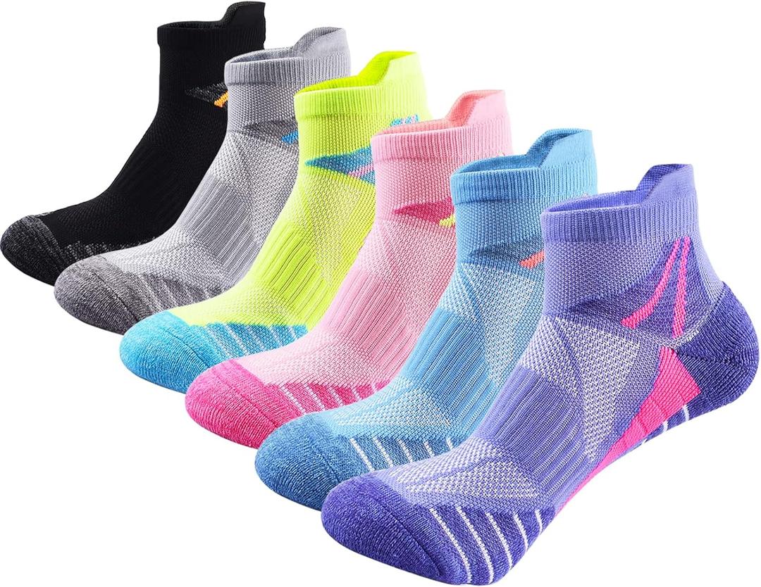 J.WMEET Womens Ankle Socks Athletic Cushioned Breathable Performance Sport Tab Cotton Quarter Women's Running Socks 6 Pack (5-9, Pink/Blue/Neon Green/Purple/Black/Grey)