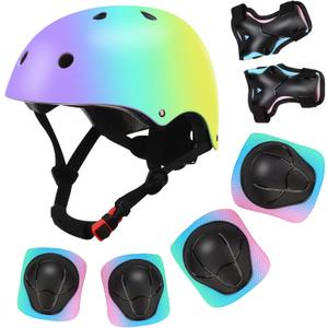Color Gradient Adjustable Kids Bike Helmet with Knee & Elbow Pads Set | Multi-Sport Safety Gear for Boys & Girls Ages 5-14 | Skateboarding, Scooters, Roller & Inline Skating, Longboarding (Small (3-8Years), purple blue yellow)
