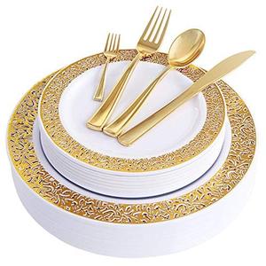 WDF 150PCS Gold Plastic Plates Set - Valentines Plates 25Guests Gold Disposable Dinnerware Sets for Valentine's Day