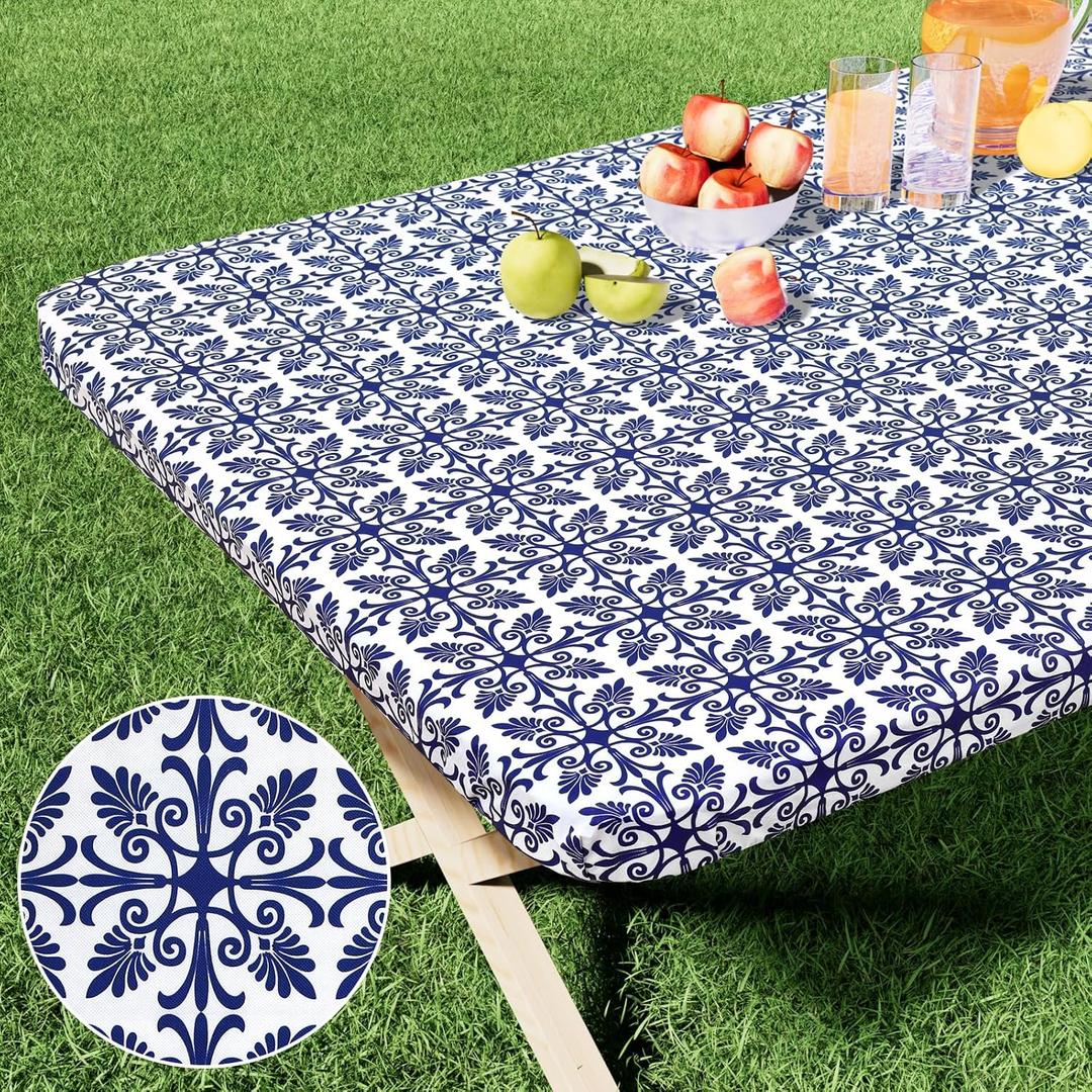 misaya Rectangle Vinyl Table Cloth, Elastic Fitted Flannel Backed Tablecloth, 100% Waterproof Plastic Table Cover Fits 6 Foot Folding Tables for Picnic, Camping, Outdoor (Navy Blue, 30" x 72")