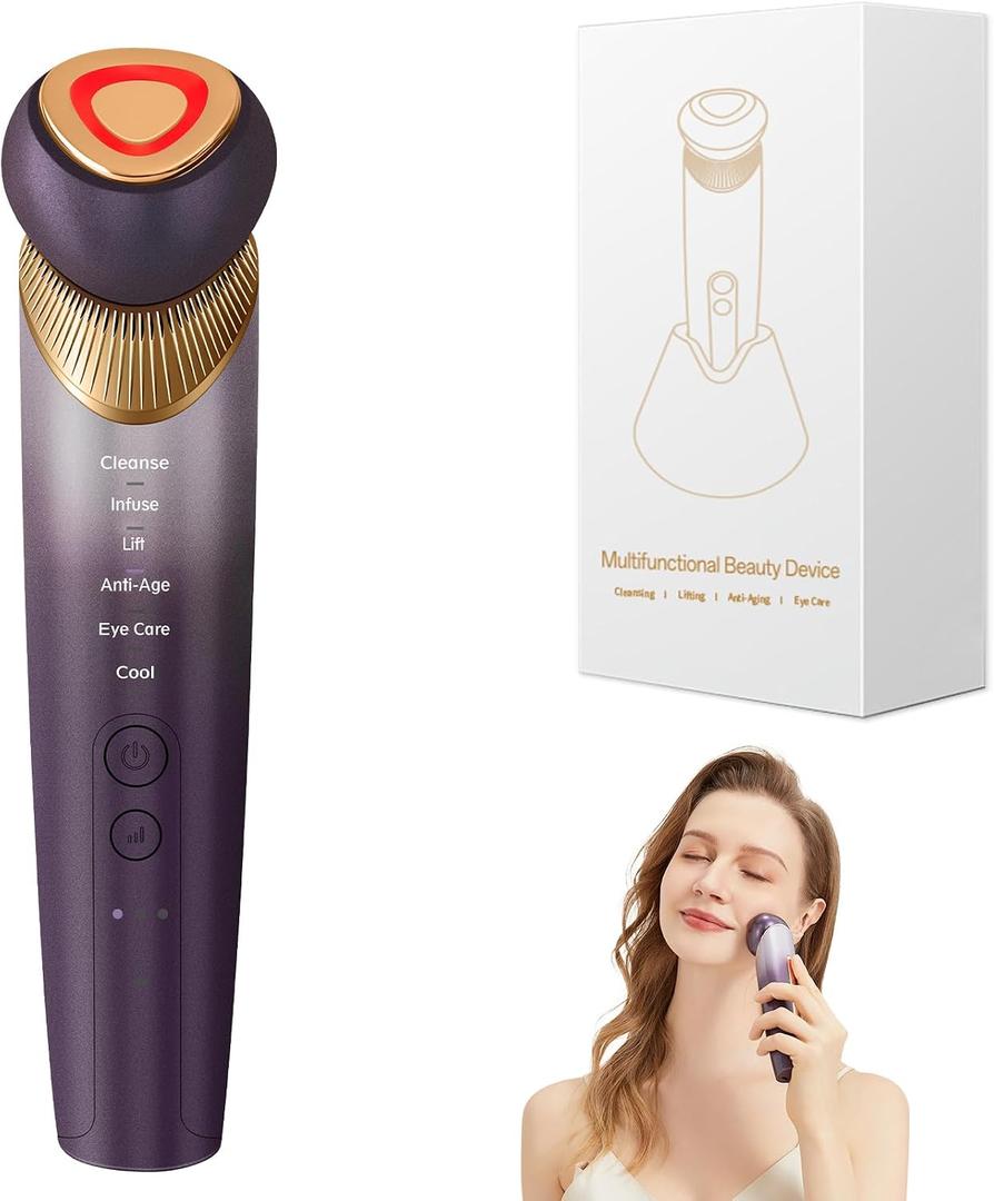 Yuonry 6-in-1 Age-Defying - Eye, Face & Neck Lift & Firm, 5-Color Light Therapy for Face with Microcurrent, Vibration, Heat & Cooling, Skin Care Tool for Youthful & Tightening Skin (Purple)