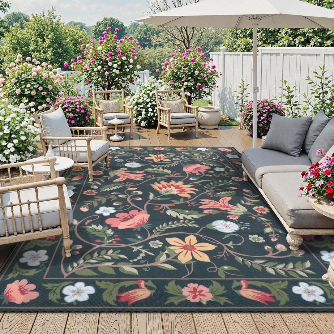 Uphome Indoor Outdoor Area Rug 8x10 ft, Large Floral Patio Rugs for RV Camping Outside, Washable Living Room Mat Non Slip, Breathable Floor Carpet for Bedroom Deck Porch Backyard, Black (Black/Navy)