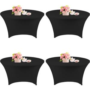 Fivenl 4 Pack 4FT Round Spandex Tablecloth 48 Inch Stretchable Table Cover Washable and Wrinkle Resistant Fitted Round Table Cloth for Wedding, Banquet, Birthday, Party, Restaurant (Black)