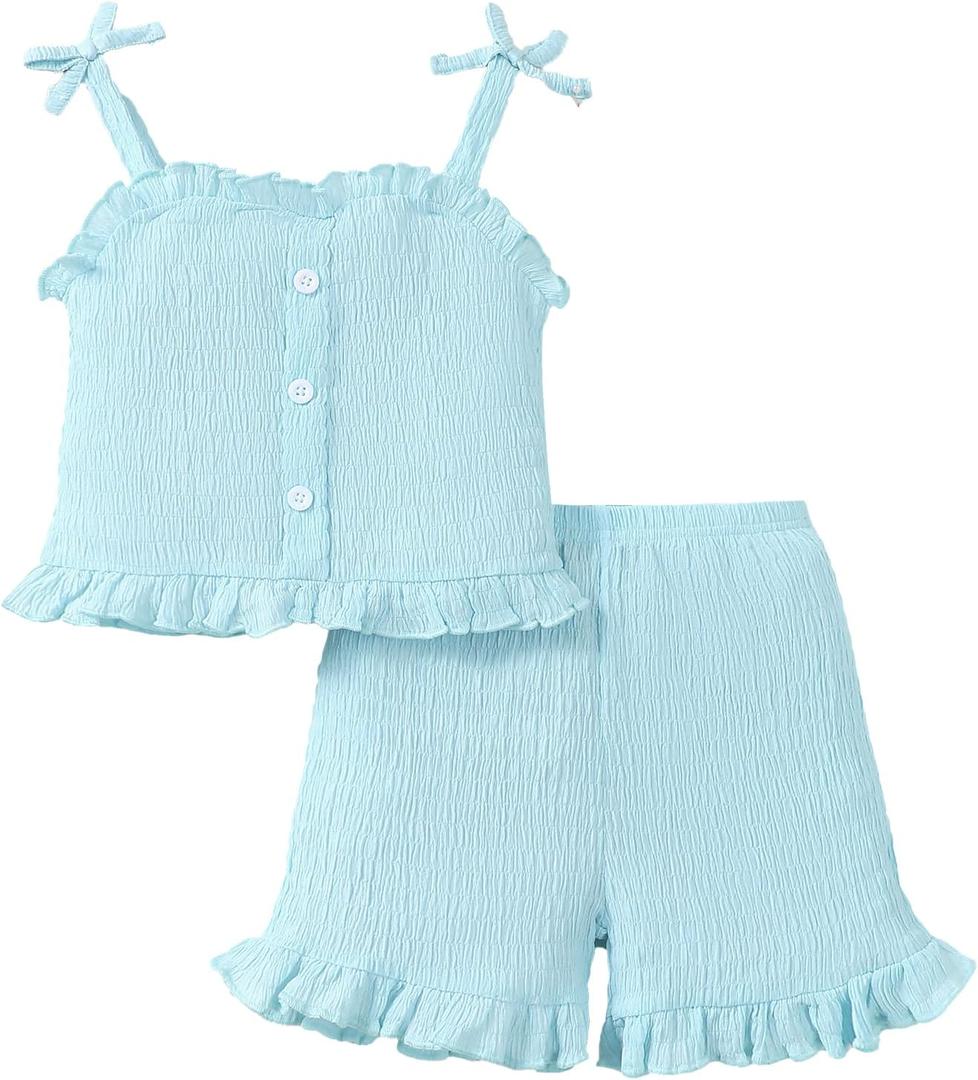 Mioglrie Toddler Baby Girl Summer Clothes Infant Outfits Cute Ruffle Sleeveless Shirt Halter Top 2 Piece Short Set 18-24M