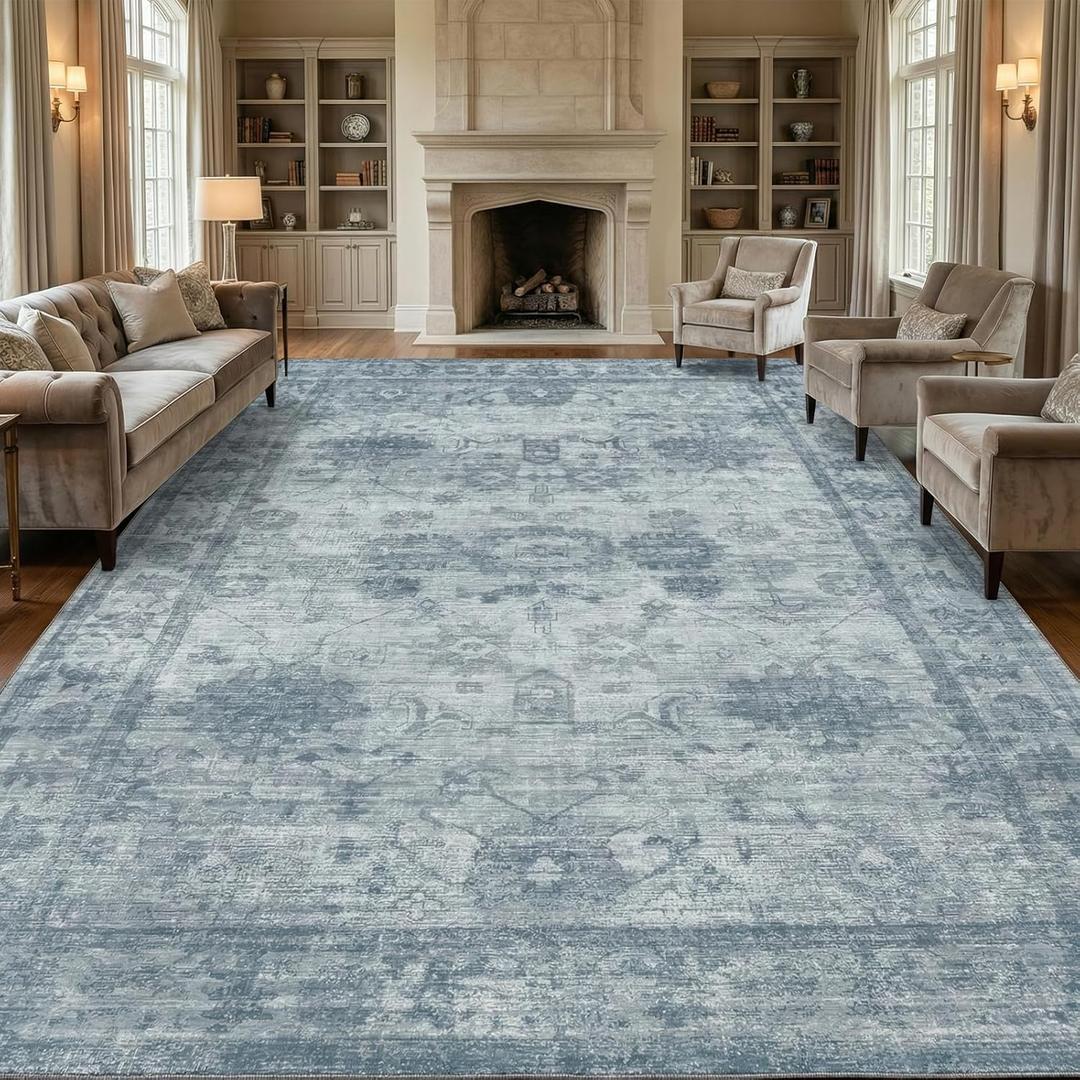 Homemate Washable Rug 9x12 Area Rugs - Vintage Faux Wool Rugs for Living Room Bedroom Dining Room - Non Slip Foldable Carpet Indoor Area Rug for Home Decor9'x12', Blue