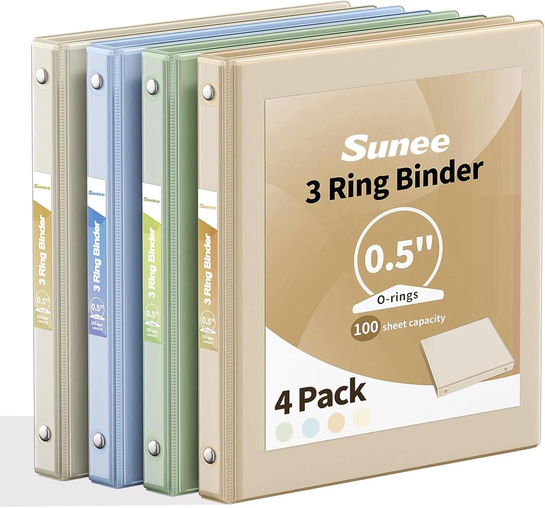 SUNEE 3 Ring Binder 1/2 Inch 4 Pack, Clear Half Inch View Binder Three Ring 0.5" PVC-Free (Fit 8.5x11 Inches) for School or Office Supplies, Neutral Aesthetic