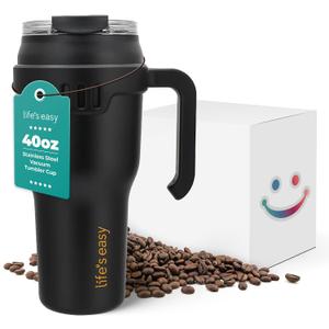 Life's Easy 40 oz Tumbler with Handle and Built-in Flip Straw - Leakproof Vacuum Insulated Stainless Steel Mug with 2-in-1 Lid, Large Travel Mug, Fits in Cup Holder - Great for Christmas & More